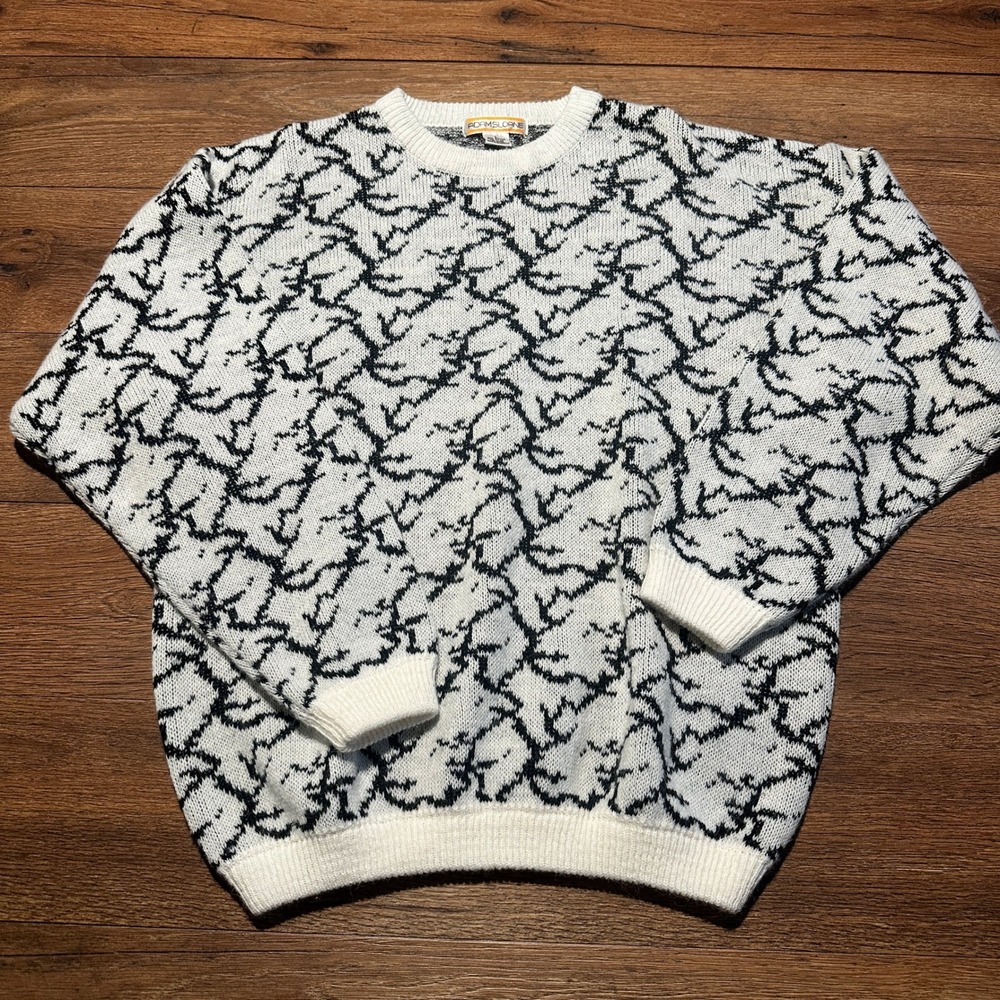 Vintage Adam Sloane White Black Abstract Knit Sweater Mens Large - Picture 2 of 6